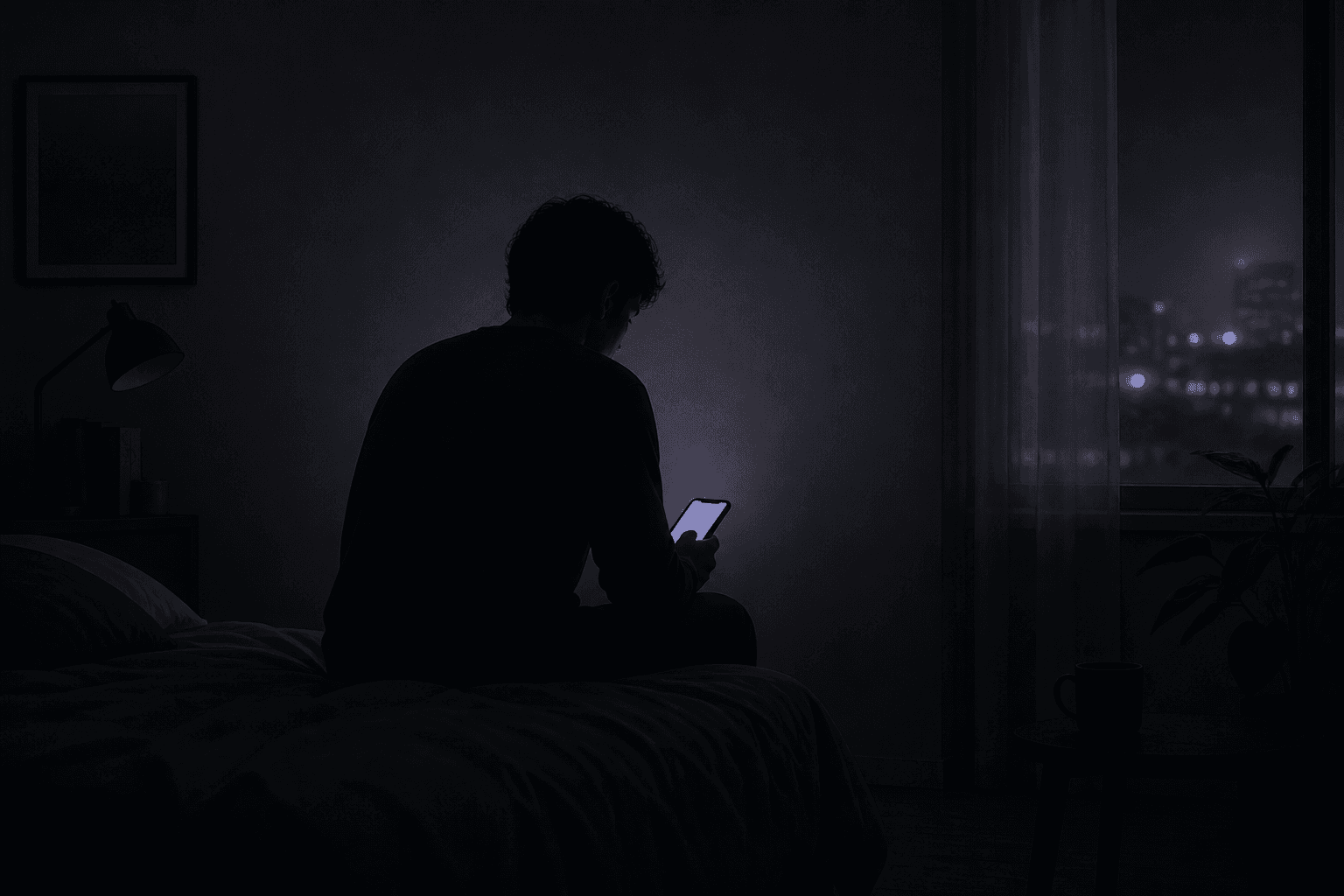 暗い部屋でスマートフォンの淡い光だけが手元を照らす、顔の見えない人物のシルエット